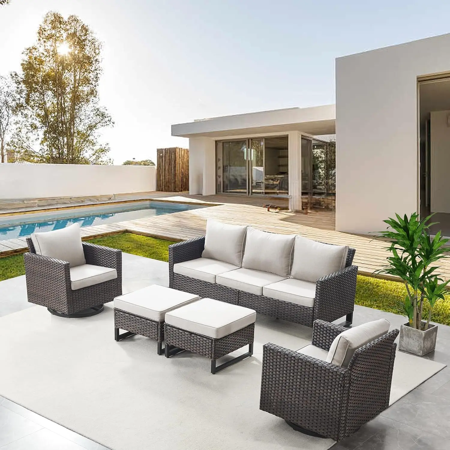 

Wicker Patio Furniture 5 Piece Outdoor Sofa Set, Oversize Outdoor Swivel Rocker Chairs with Rattan Ottomans,, Customized