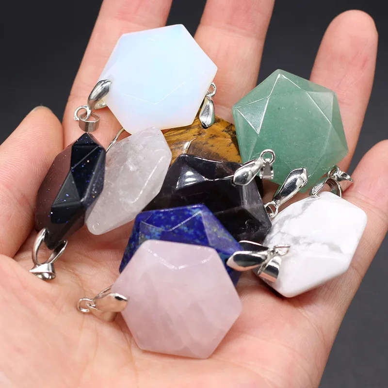 25x28mm Natural Stone Pendant Polygonal Natural White Turquoises Rose Quartzs Pendant Charms for DIY Jewelry Necklace Best Gift