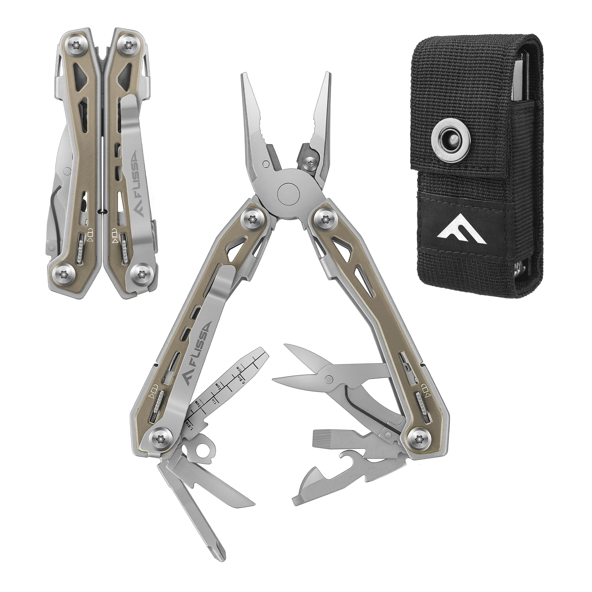 FLISSA Multi Tool Pliers Desert Tan 16 in 1 Stainless Steel Multipurpose tool with Tactical Multitool Knife, Screwdrivers