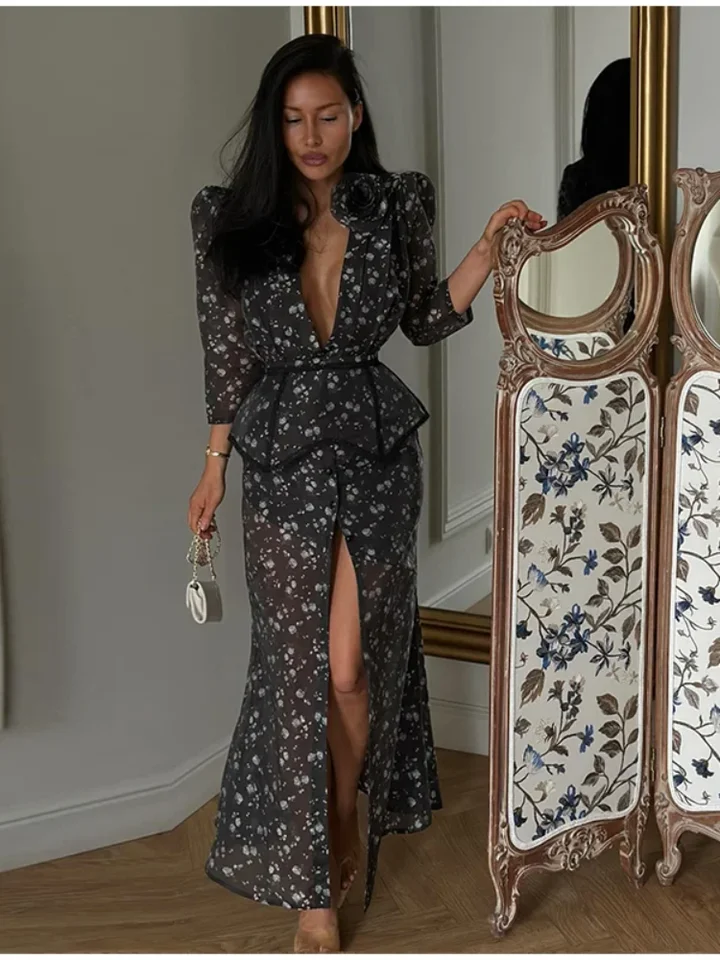 Vestido maxi de organza con estampado floral, escote en V y mangas abullonadas, primavera/verano 2026, romántico para fiesta, elegante para dama 5