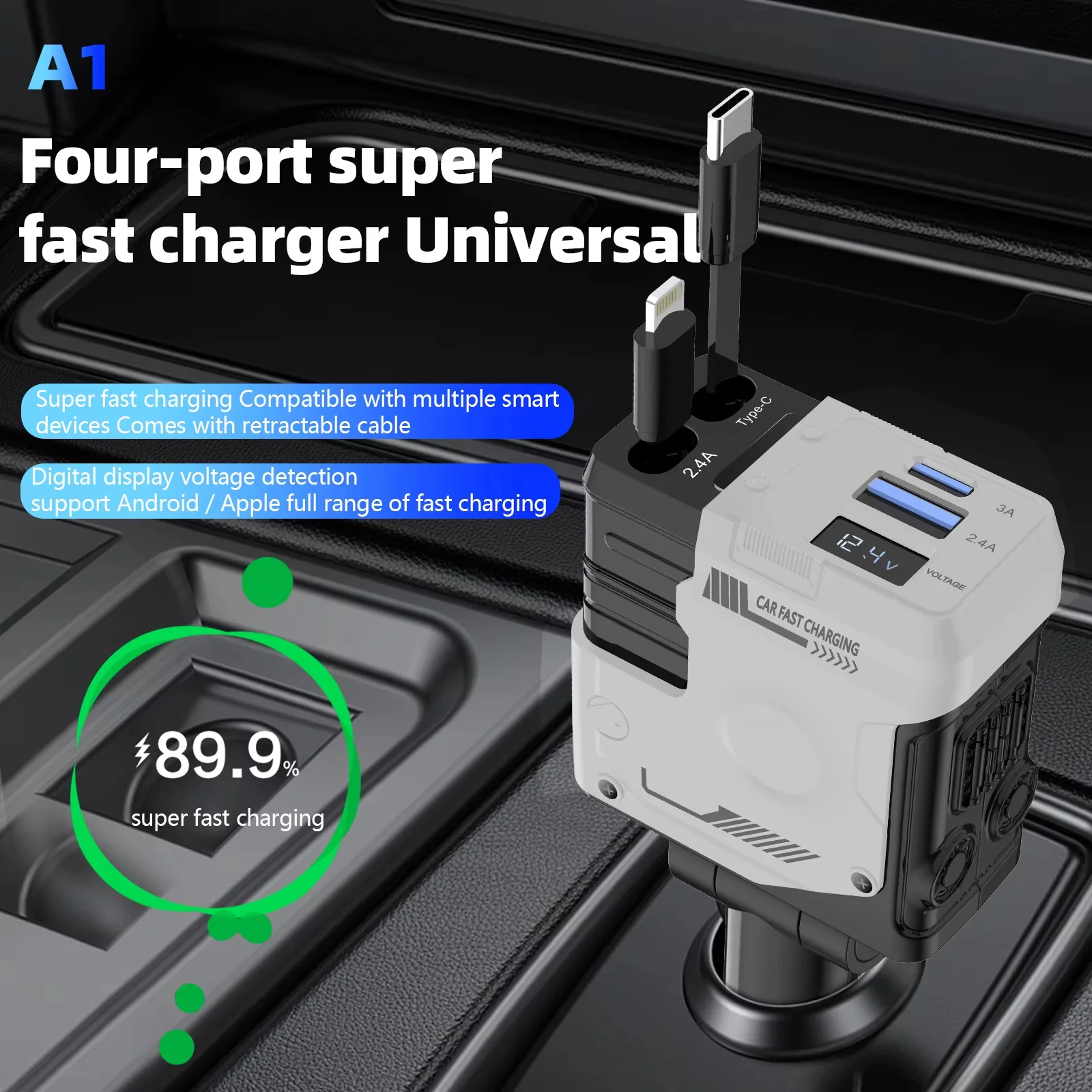 

4 in 1 Fast Charging Car Charger, 100W Retractable Car Charger, 2 USB Ports Car Charger Adapter Compatible with iPhone & Android