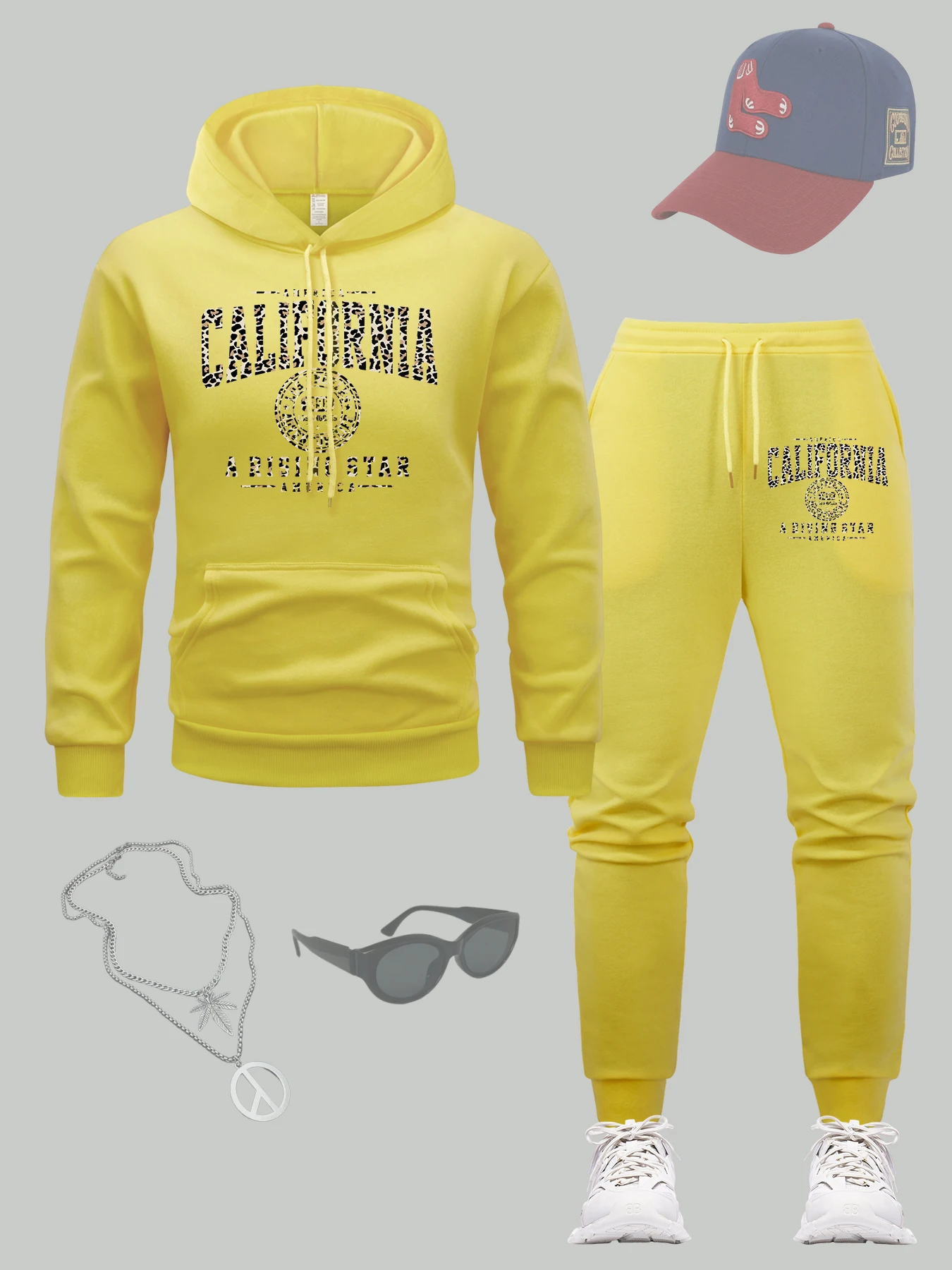 

California A Rising Star Print Толстовка с капюшоном Мужской спортивный пуловер на шнурке Флисовые свободные комплекты с капюшоном Удобные осенние спортивные штаны