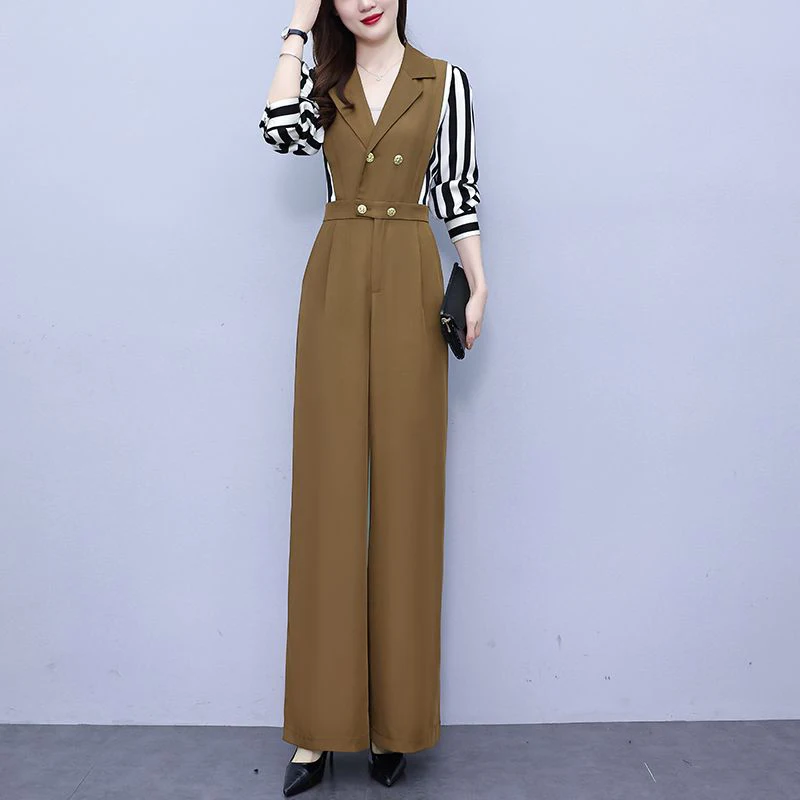 

Модный комбинезон в полоску с вставками, женский, весна-осень, новая элегантная модель, с длинными рукавами, широкими штанинами, цельный костюм-брюки