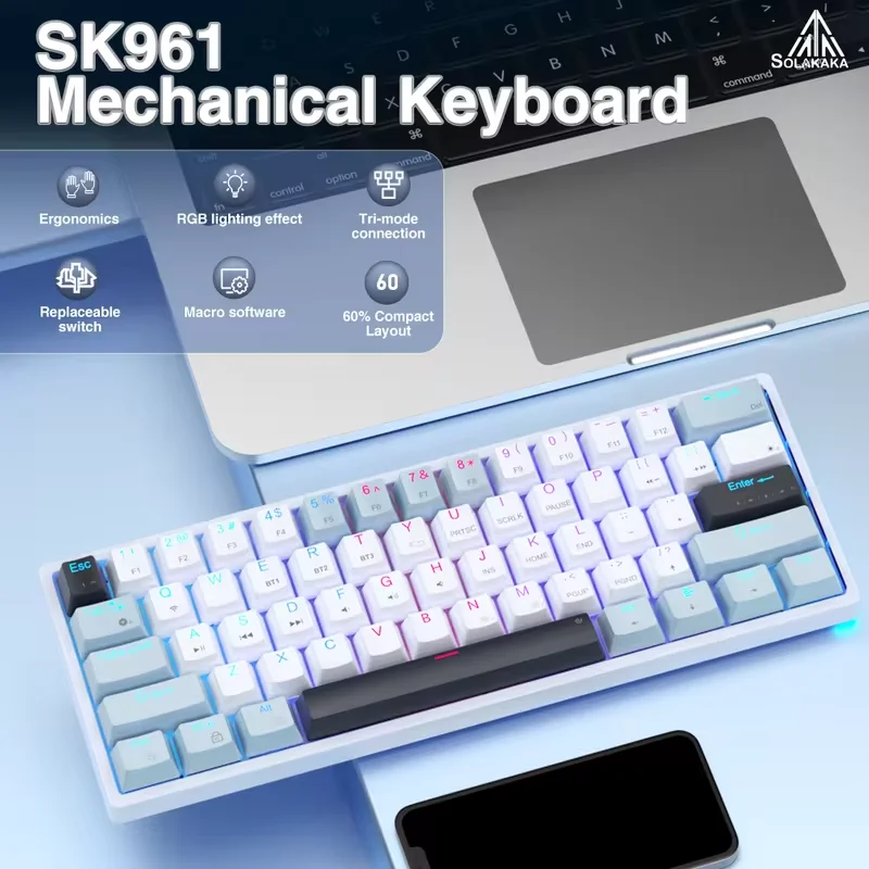 SOLAKAKA SK961 60% teclado para juegos Teclado inalámbrico Bluetooth mecánico intercambiable en caliente con software RGB programable y Macro