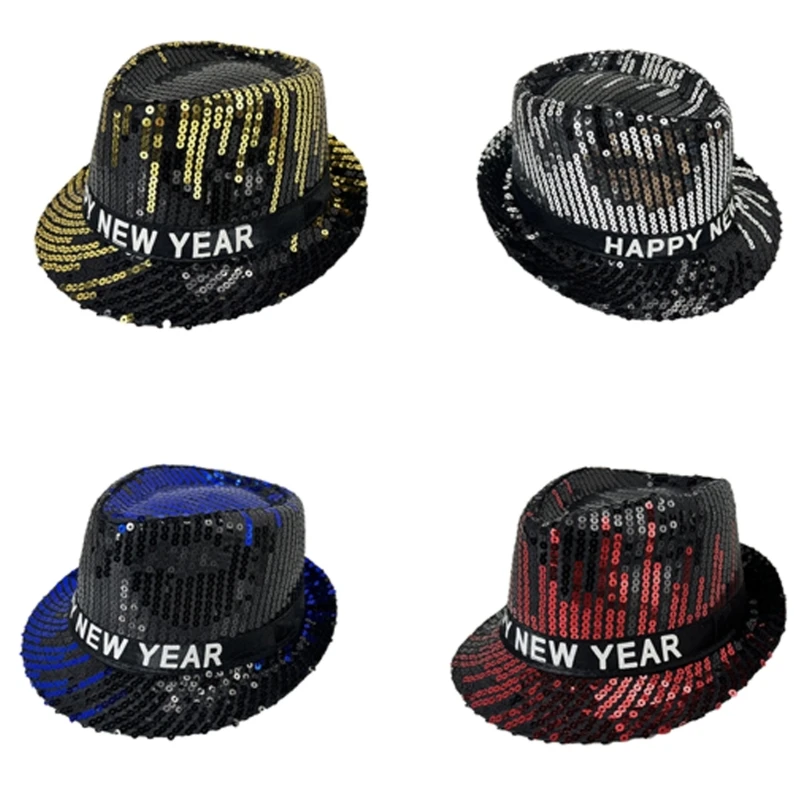 F42F Shimmering Sequined Hat for Stage Show Hat New Year Eve Hat Headwear Gentleman Hat Carnivals Party Accessory Headpiece