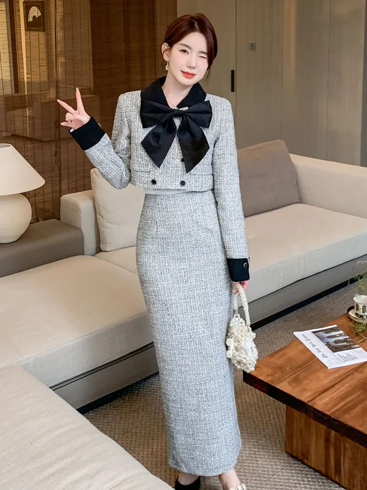 French Small Fragrance Tweed 2 Piece Sets Women Outfit Bow Jacket Coat + Long Skirt Two Piece Set Conjuntos Femininos Elegantes