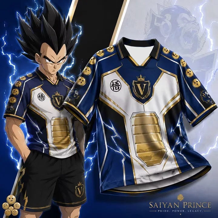 Dragon Ball Saiyan Vegeta bedrucktes Fußballtrikot für Herren, atmungsaktives, schnelltrocknendes T-Shirt mit kurzen Ärmeln, passende Familienkleidung. – Detail 6