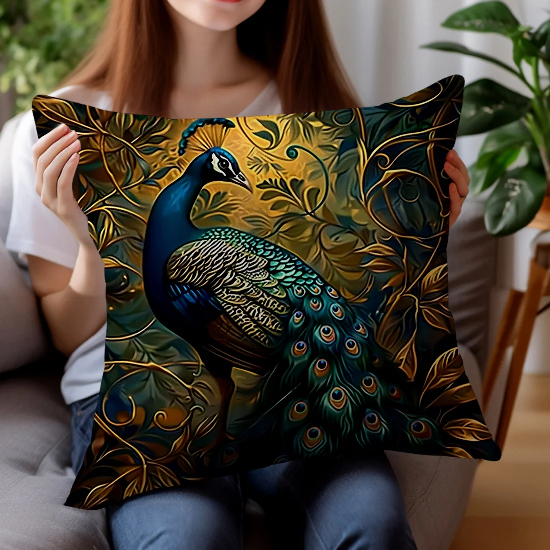 4-teiliges Vintage-Set mit Ölgemälde-Pfau-Motiv, einseitig bedrucktes Überwurfkissen, Sofabezug – Überwurf-Kissenbezug – Detail 8