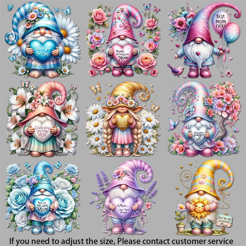 Iron-on Transfers for Clothing Mom theme Floral Gnome Art Seasonal Heat Transfer Patterns for Holiday Merchandise DIY Decoration