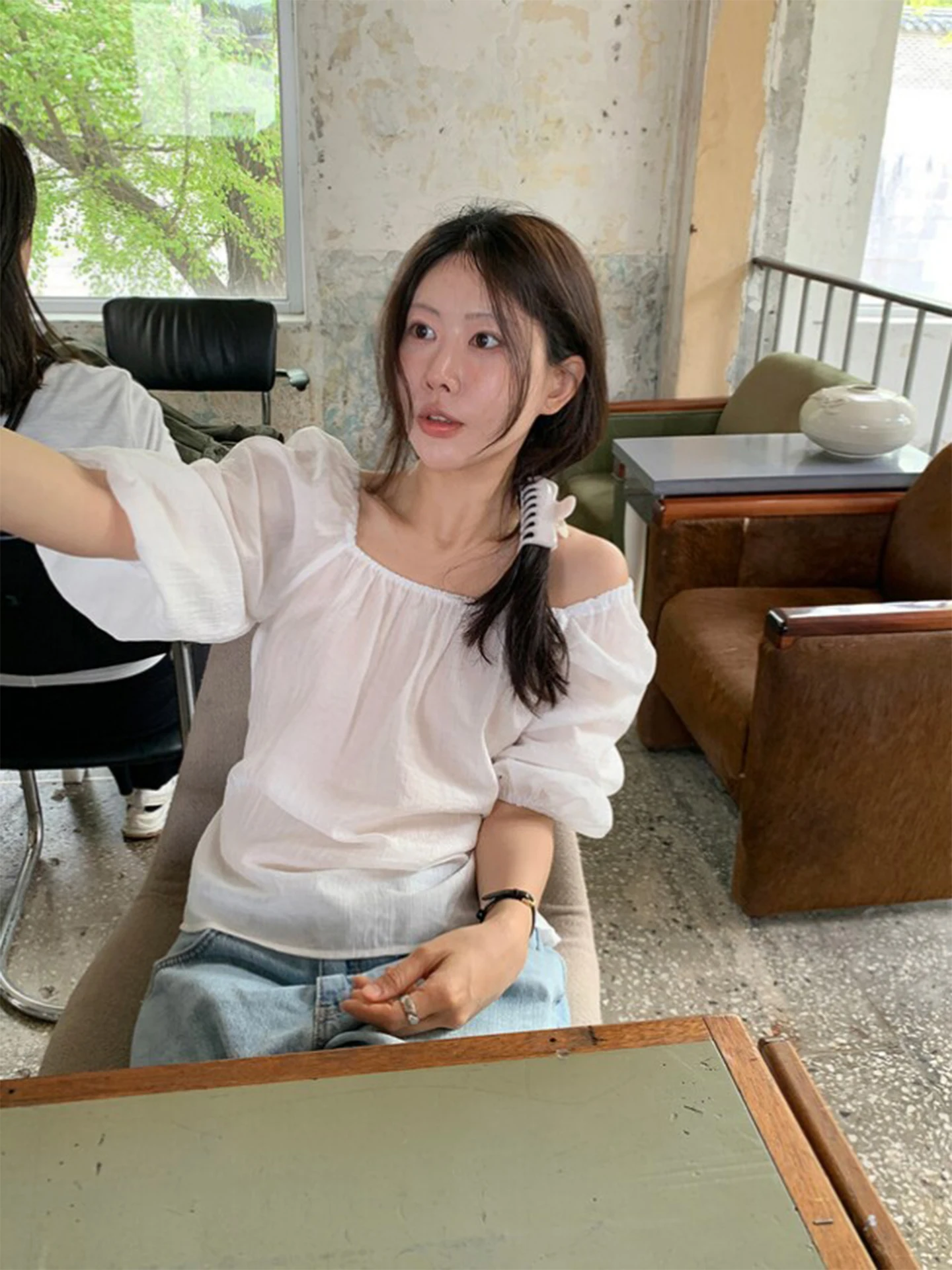 Chic Summer New Gentle Anti-Aging Square Collar Shoulder Bared Slimming Belted Bubble Sleeve Sun Protection Chiffon Top Women...