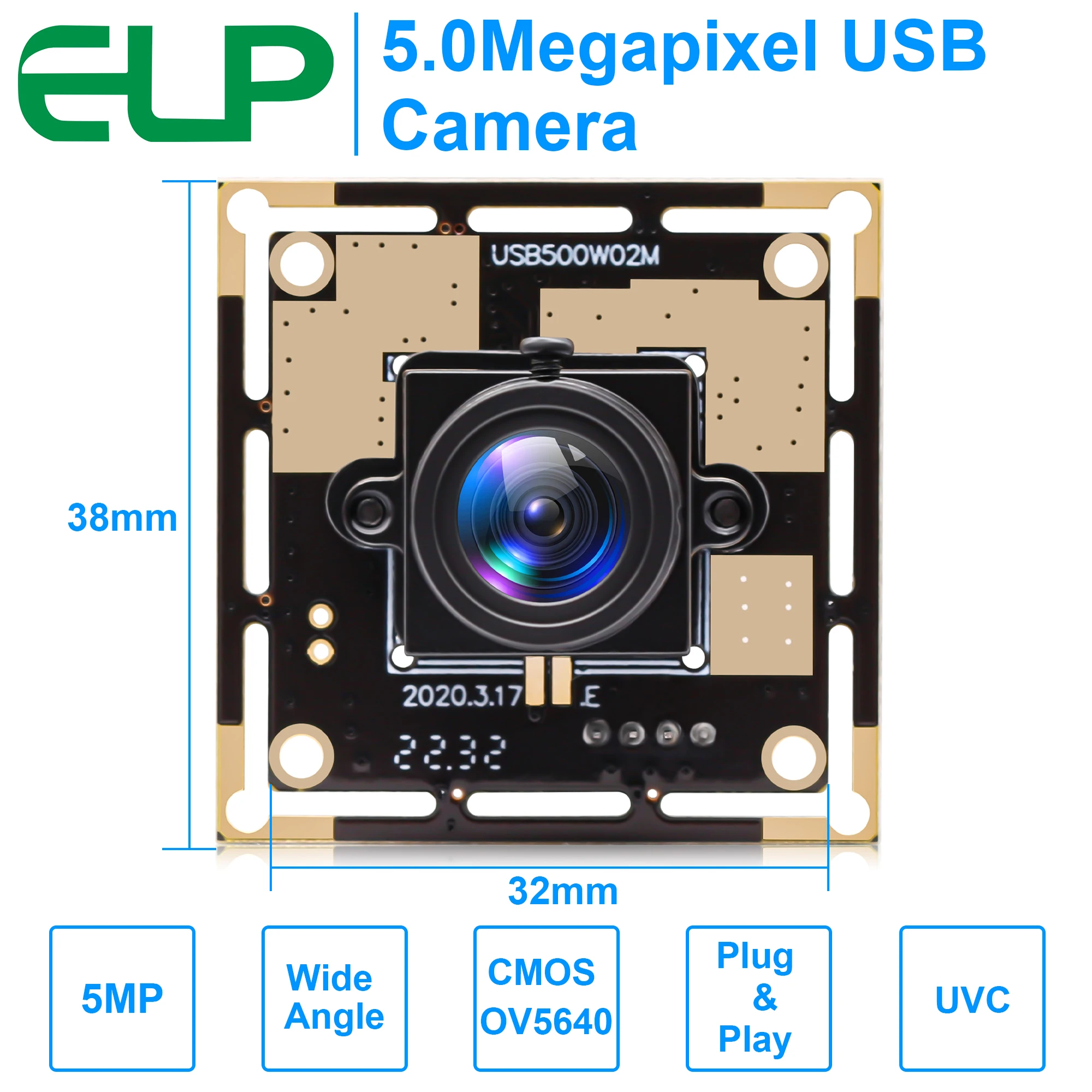 ELP 5MP Mini USB Camera Module 2592*1944 with 2.8mm lens for Windows Mac Linux Support Industrial Machine Vision, Video Calls