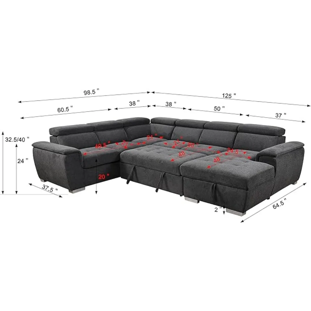 125 inch U-shaped sectional sleeper sofa, storage lounge chair and adjustable headrest, living room U-shaped sectional sofa