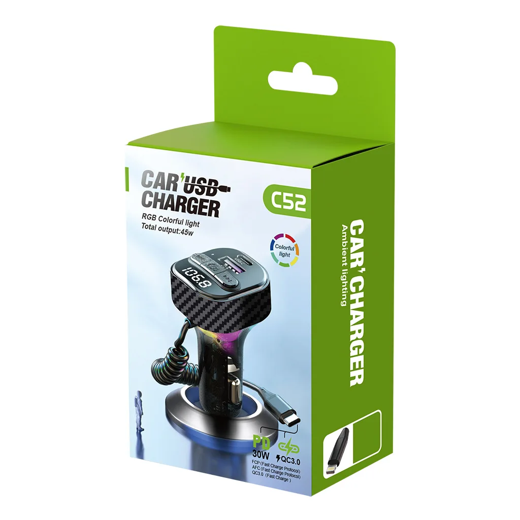 Transmetteur FM Bluetooth C52 avec fil à ressort, chargeur de voiture à charge rapide PD30W, lecteur clé USB 5V/3,1 a