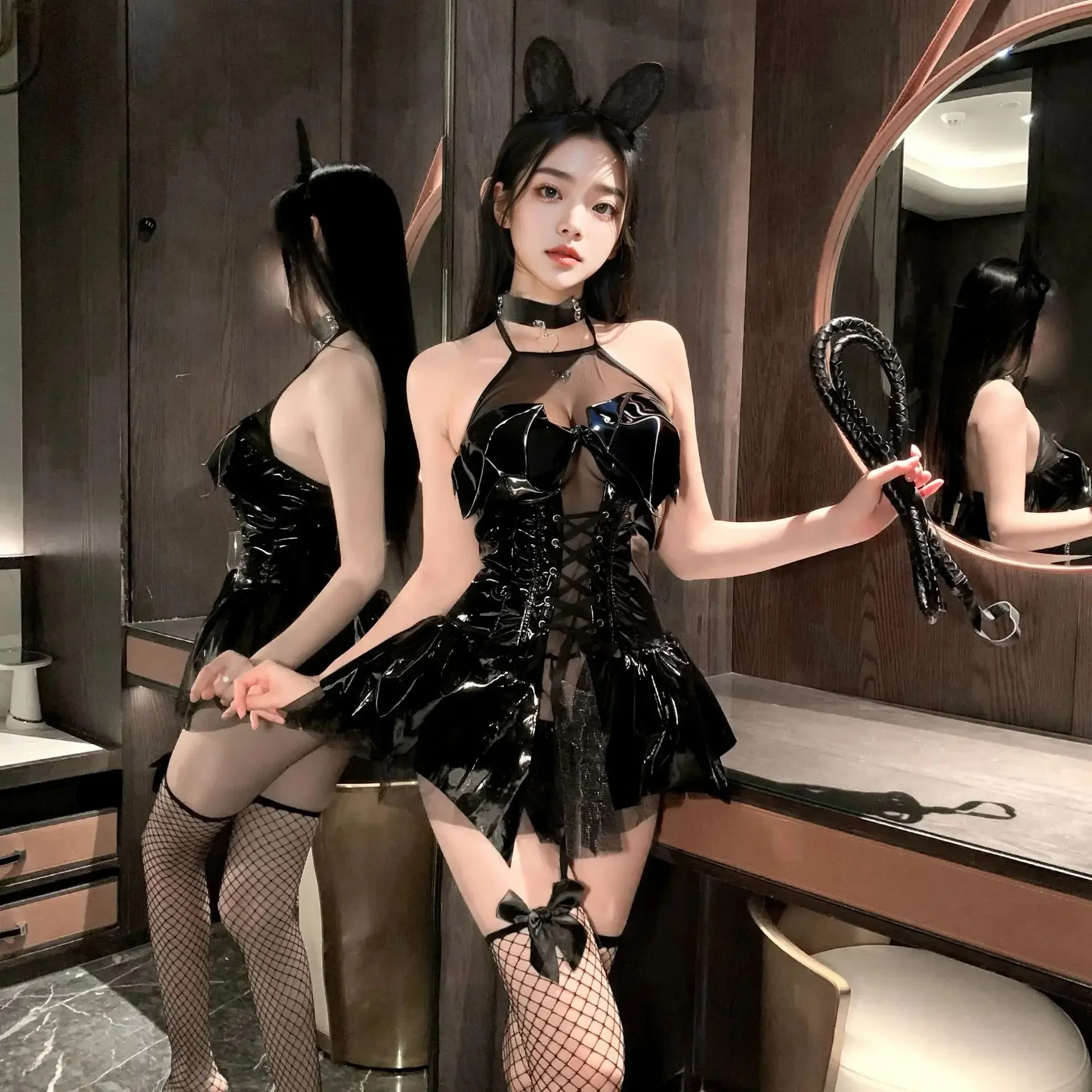

Sexy Lingerie Set Coquette Style Bow Halter Bralette & Dress Role Play Nightwear Little Devil Costume Bridal Party