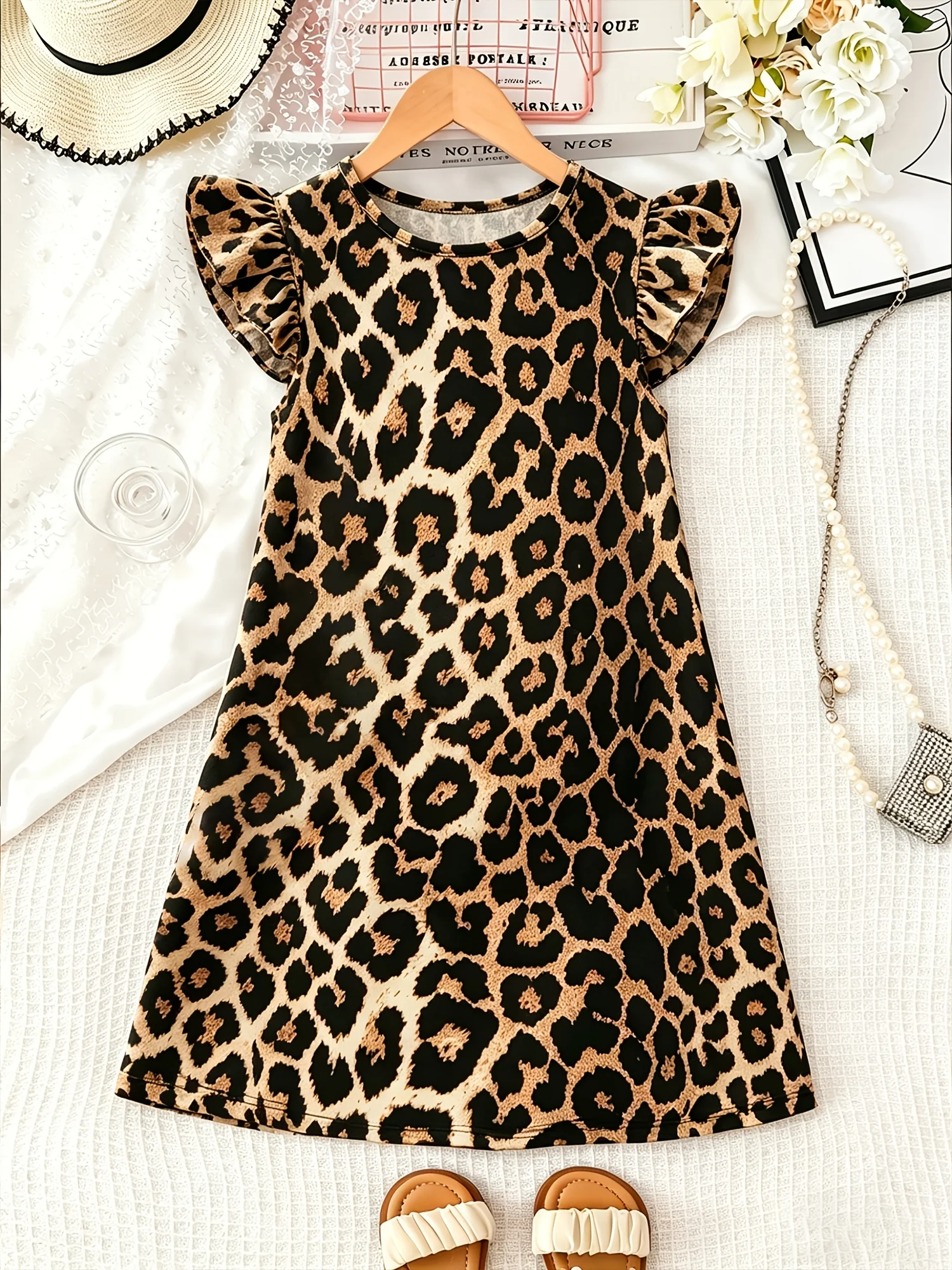 Freizeitrock für Mädchen, Kleid mit Leopardenmuster und Flatterärmeln für den Sommer, geeignet für Kinder im Alter von 4–12 Jahren, vielseitige Kleidung für den täglichen Freizeitgebrauch, zum Einkaufen, für den Urlaub und für die Schule – Detail 2