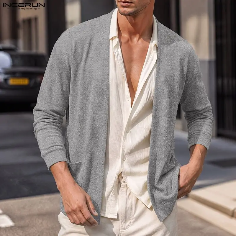 INCERUN Men's Cardigan Solid Color Knitted Long Sleeve Pockets Casual Sweaters For Man Streetwear Open Stitch Men Clothes 2026
