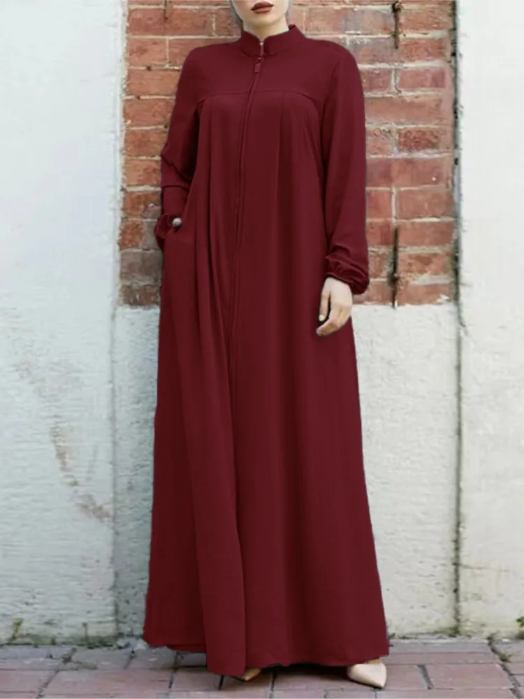 فستان نسائي غير رسمي بلون واحد موضة بياقة واقفة وأكمام طويلة وسحاب سترة رداء ربيع الخريف للسيدات فساتين إسلامية #3