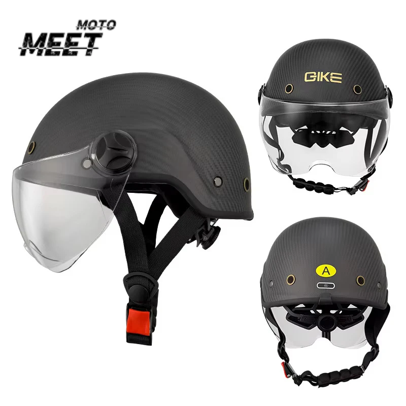 QIKE Carbon Fiber Retro Half Helmet Motorcycle Unisex Electric Vehicle Helmet Daily Leisure Cycling