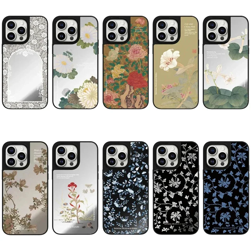 

Mirror Korean Museum Flower Pattern iPhone 11 12 13 14 15 16 Pro Max Protective Case with MagSafe