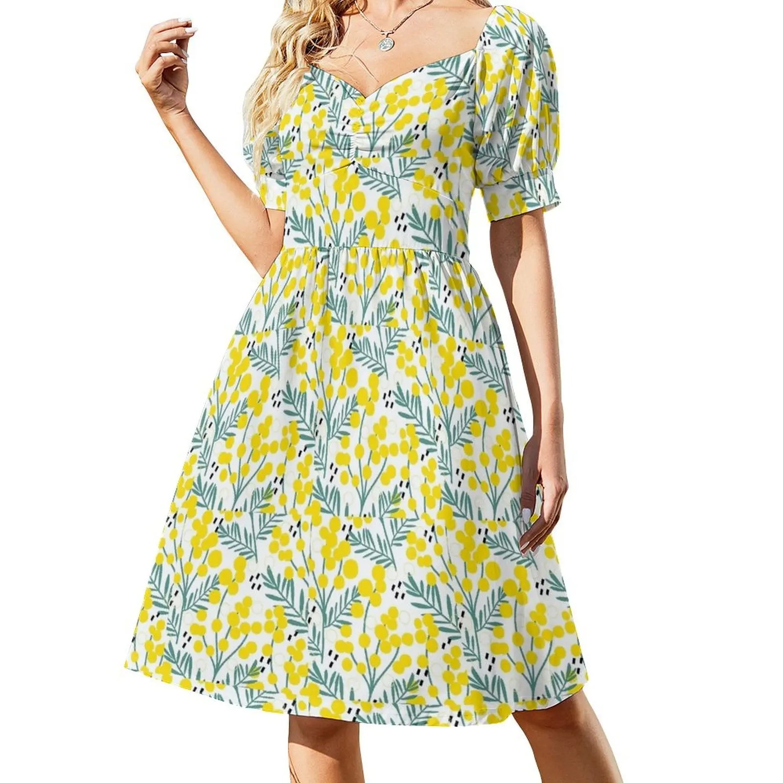 

Yellow Flower Pattern Short-Sleeved Dress birthday dress for women luxury 2025 Dresses Dress for pregnant women