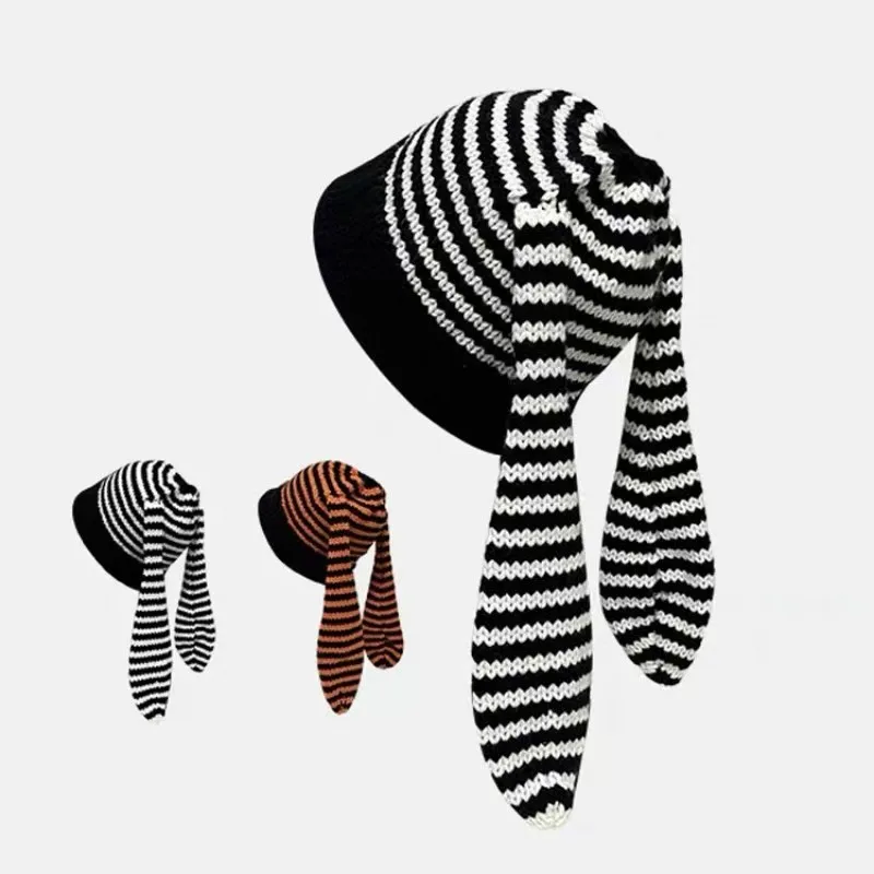 

Korean Trendy Brand Cute Rabbit Ears Knitted Striped Pullover Wool Hat Female Y2k Shopping Fashion Warm Cold Hat