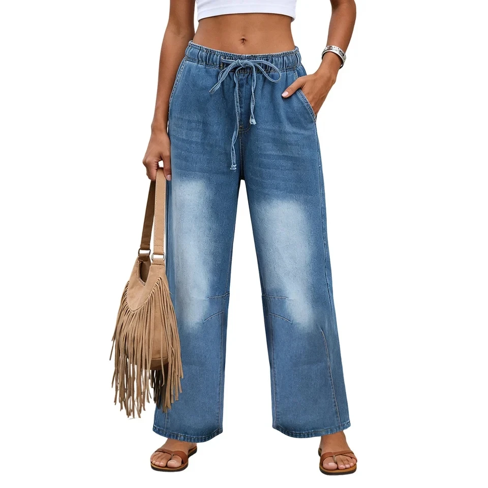 

Women's Jeans High Waist Wide Leg Denim Pants Casual Streetwear Loose Straight Trousers Female Drawstring Pocket Baggy Jeans