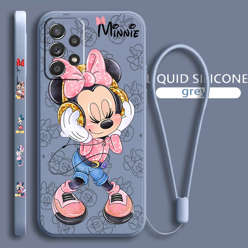 Pink Minnie Cartoon For Samsung Galaxy A73 A54 A34 A53 A33 A52 A32 A22 A71 A51 A21S 4G 5G Liquid Left Rope Phone Case Coque Capa