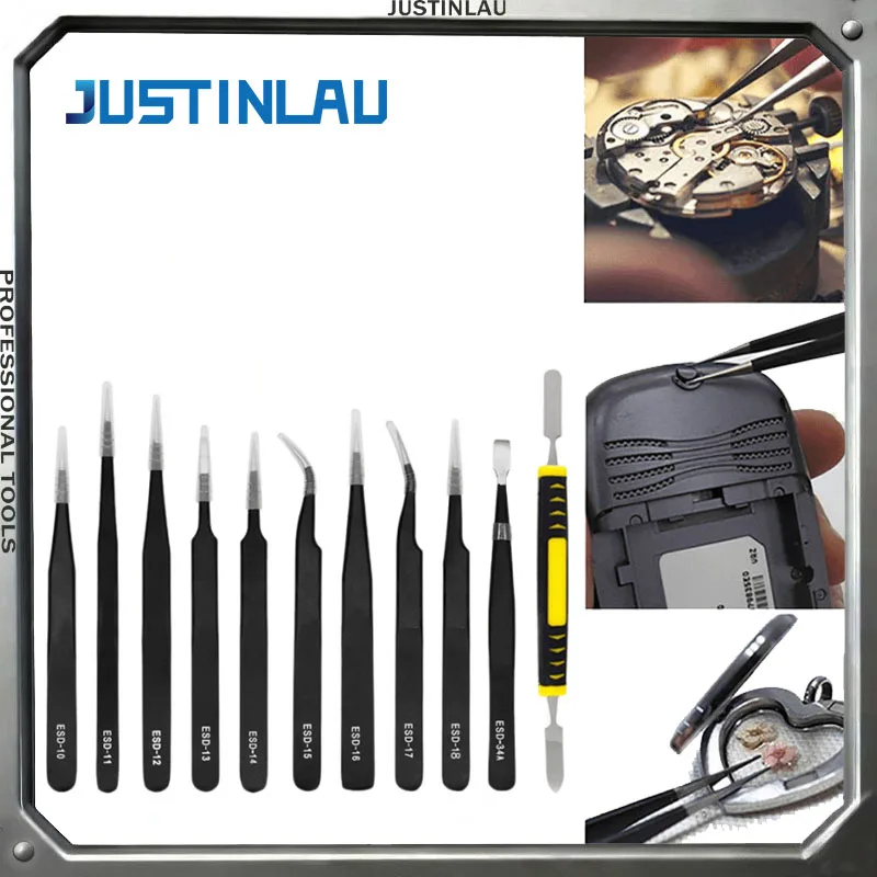 

12PCS multifunctional stainless steel anti-static tweezers set precision electronic and mobile phone repair tools