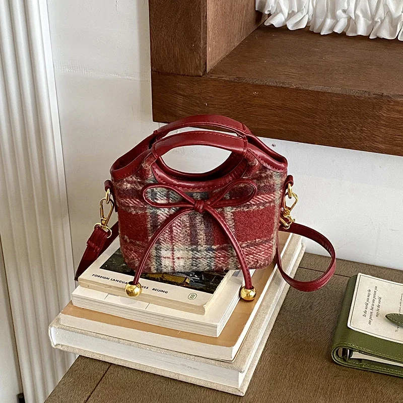 Sweet Vintage Mini Handbag for Women Plaid Leopard Pattern Bow Bell Ornament Woolen Cloth Removable Strap Crossbody Bag