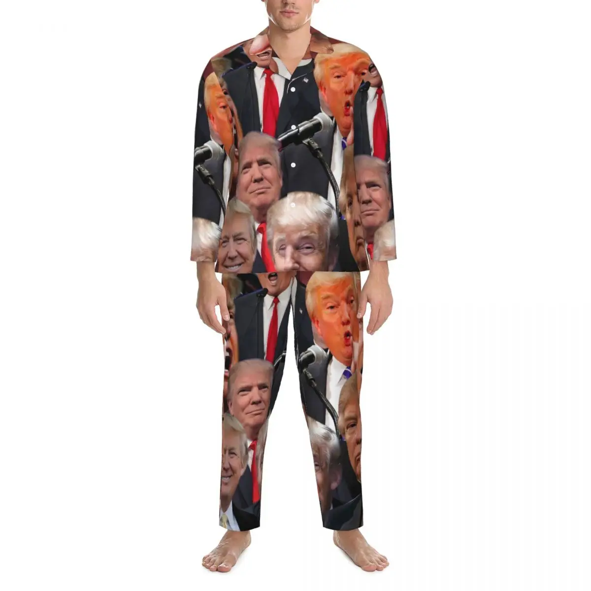 Donald Trump Collage Pajamas Men Comfortable Sleep Nightwear Autumn 2 Piece Casual Oversized Design Home Suit