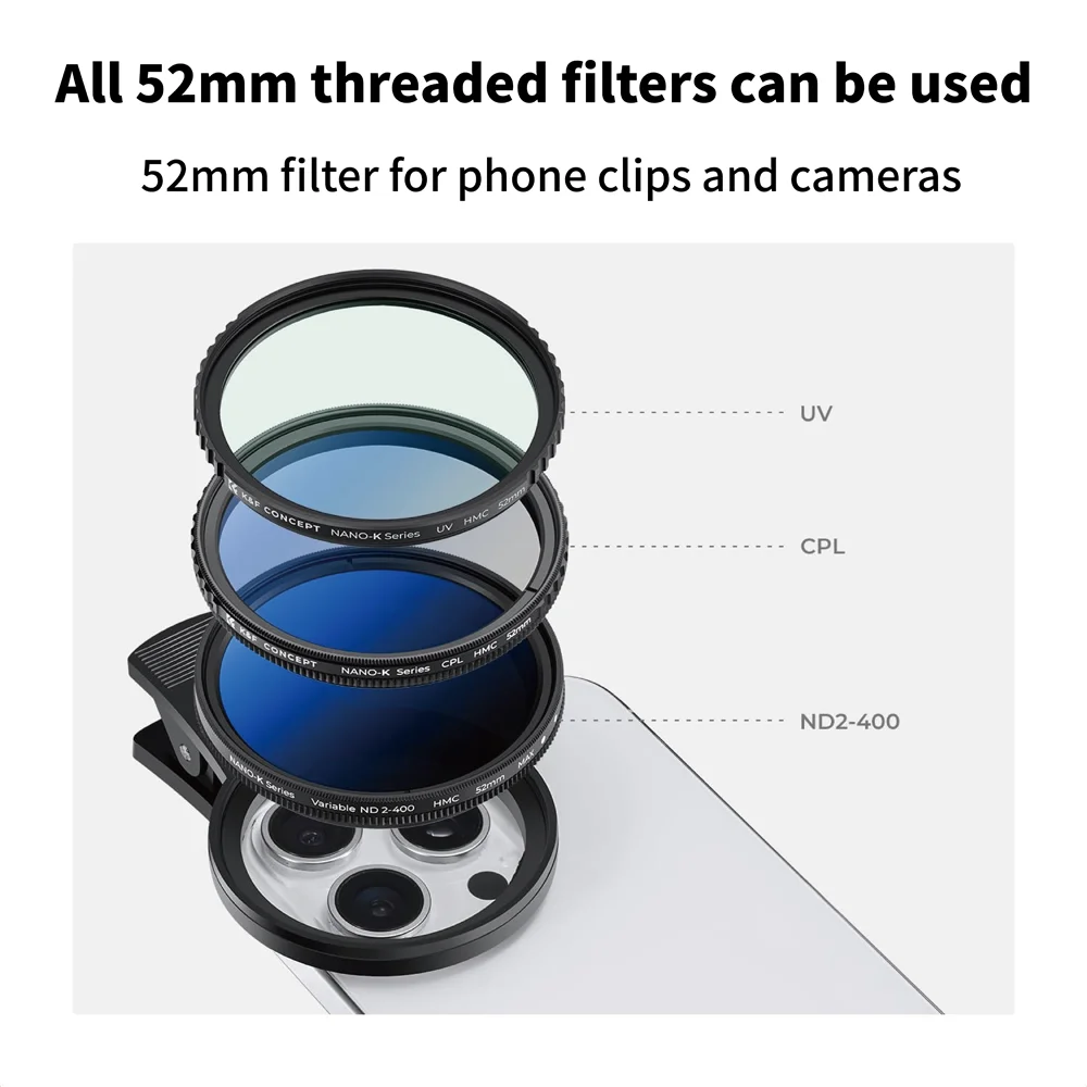 Clip de lente de cámara de teléfono móvil de 52mm, rosca Universal de aleación de aluminio para todos los teléfonos inteligentes, adaptador de lente UV CPL ND, montaje de anillo de filtro