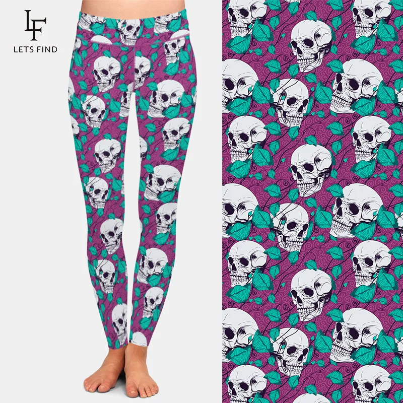 Letsfind Hoge Quaility Melk Zijde Print Schedel En Bloemen Patroon Vrouwen Sexy Leggings Hoge Wiast Zachte Fitness Leggings