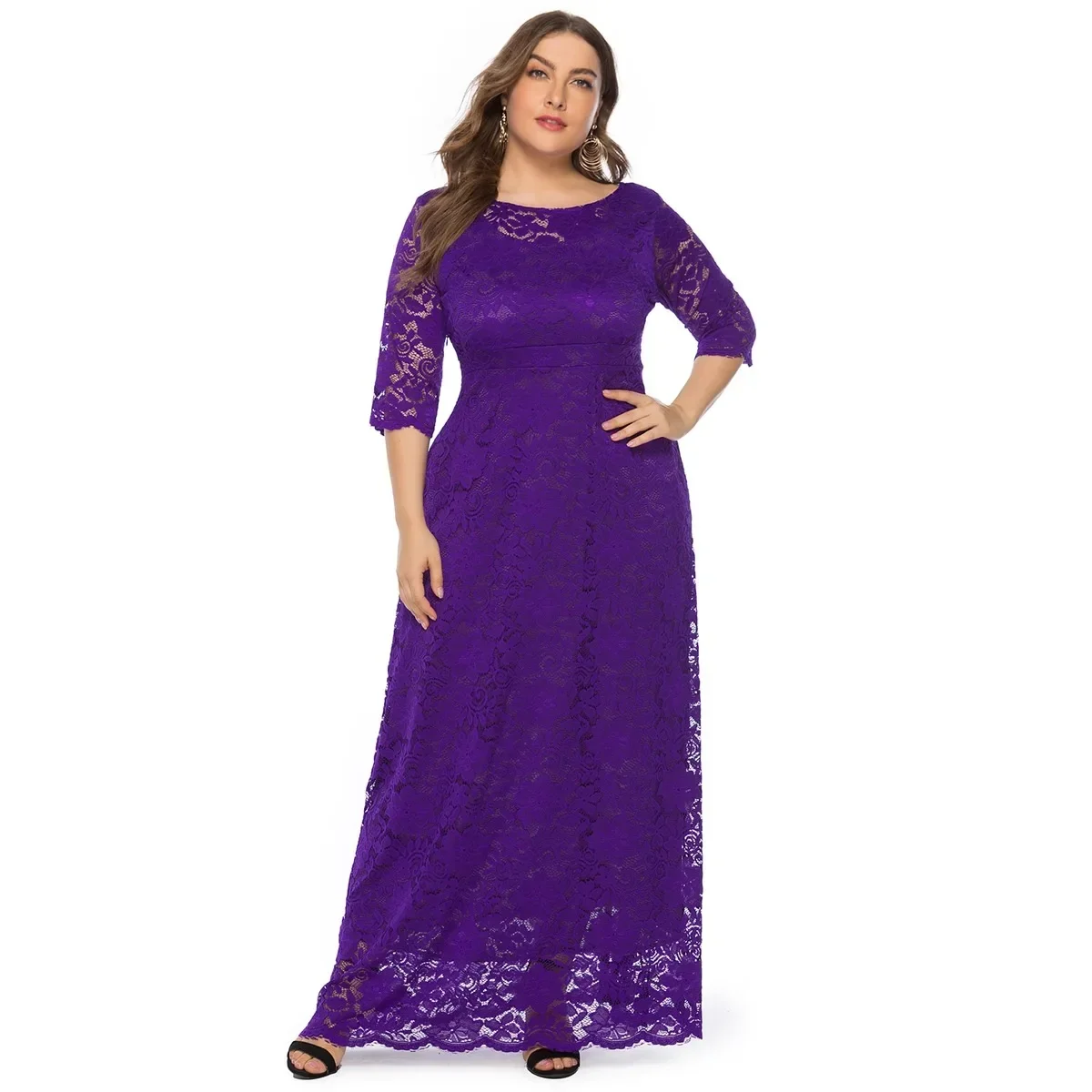 Plus Size Women\'s New Lace O-Neck Three-quarter Sleeves Pocket Evening Dress Bridesmaid Dinner Plus Size Party Dresses Vestito