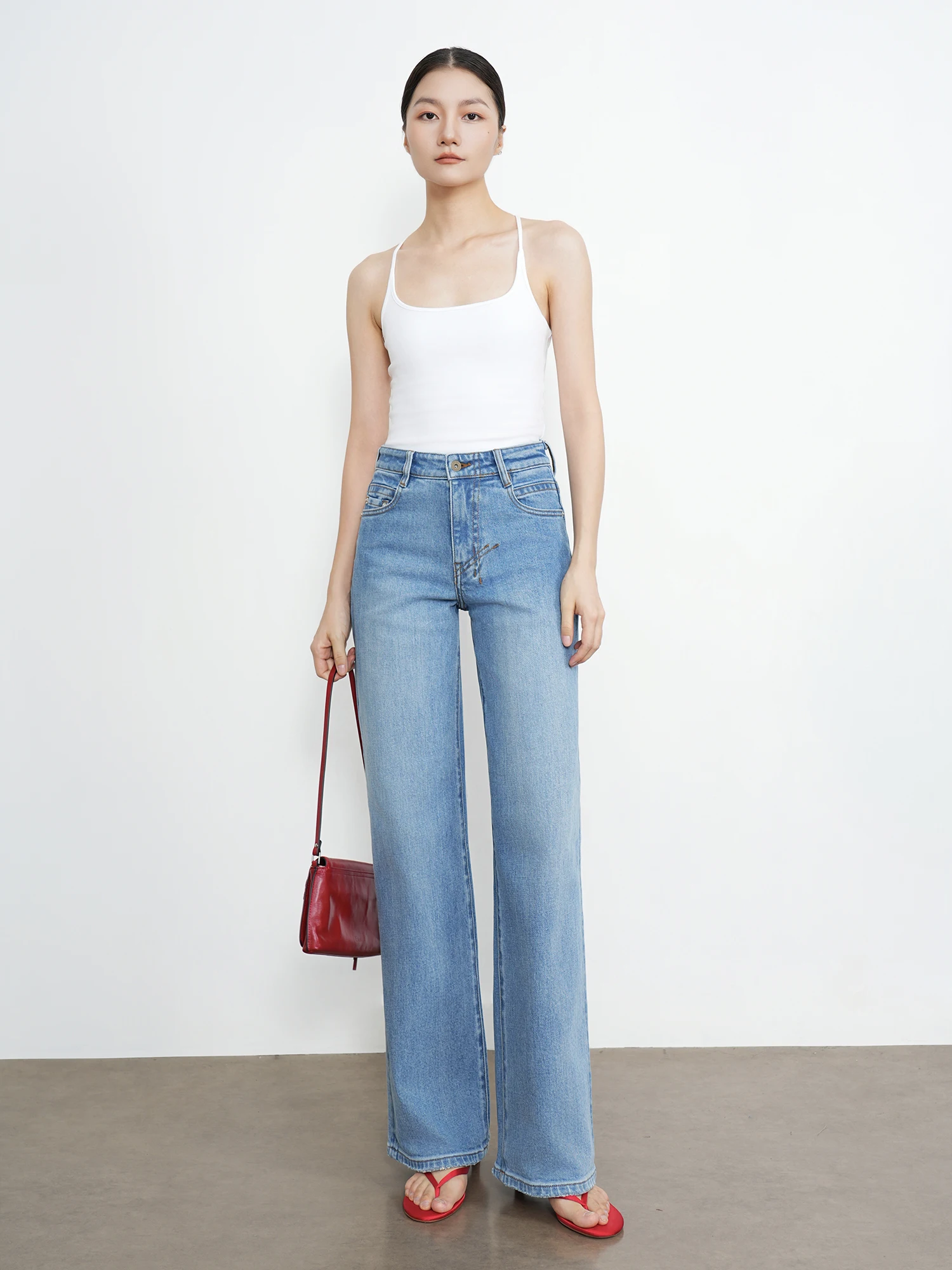 

Чисто-синие эластичные прямые джинсы в стиле ретро, универсальные женские джинсовые хлопковые джинсы премиум-класса со средней талией, повседневные, не деформируемые