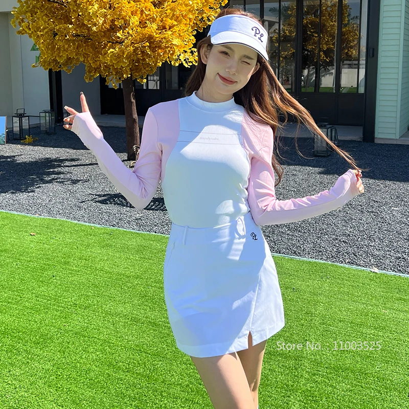 PL Golf Women Elastic Long Sleeve T-shirt Quick Dry Round Neck Top Split Short Skirt Slim Sports Golf Pencil Skorts Sunscreen