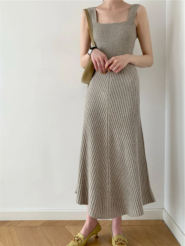 OCEANLOVE Knitted Vestidos Solid Sleeveless All Match Casual Summer Vintage Women Dresses Korean Fashion Long Dress Elegant