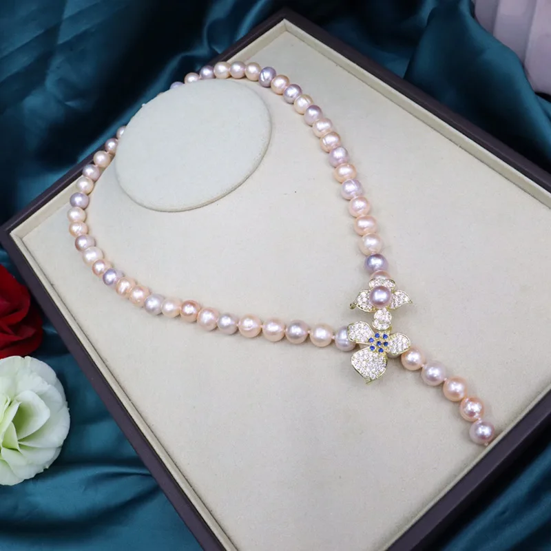 Natural  9-10mm freshwater pearl necklace womenmixed color matching with a round micro-time one with a versatile necklace