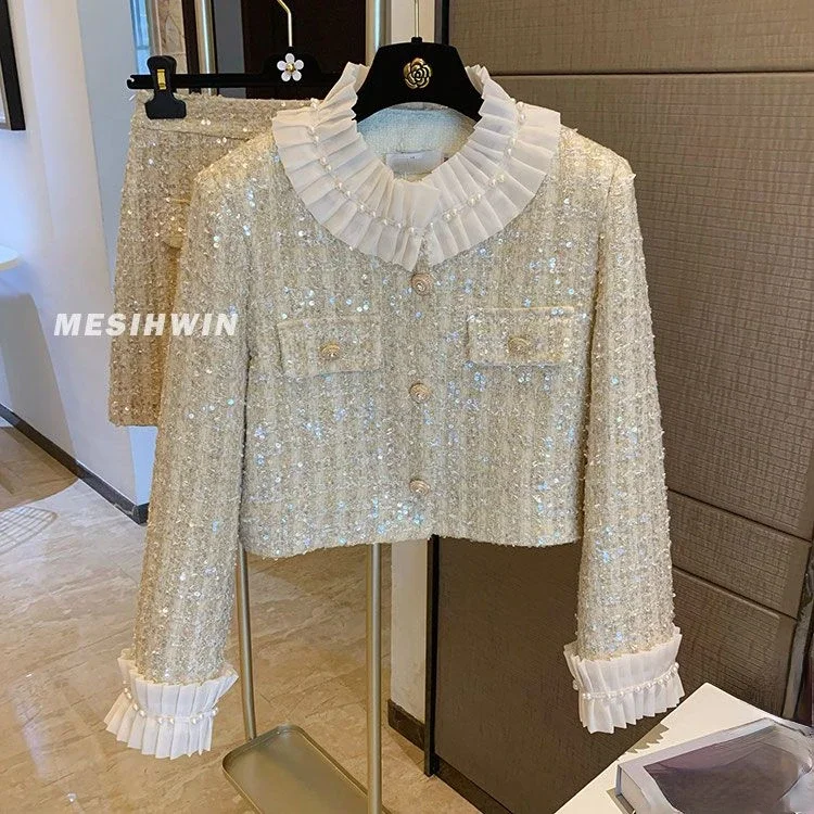 Heavy Industry Sequins Jacket Women Thick Beaded Top Ruffle Lace Mini Skirts Two Piece Sets Womens Outifits Autumn Winter