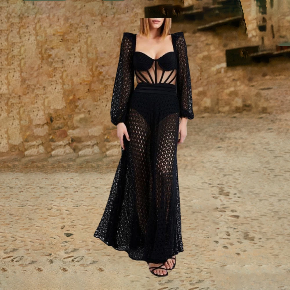 Mesh Paneled Swimwear Natural Cutout Stretch-jersey and Crochet-knit Maxi Dress Women One-piece Swimsuit 2024 Summer Beach Dress