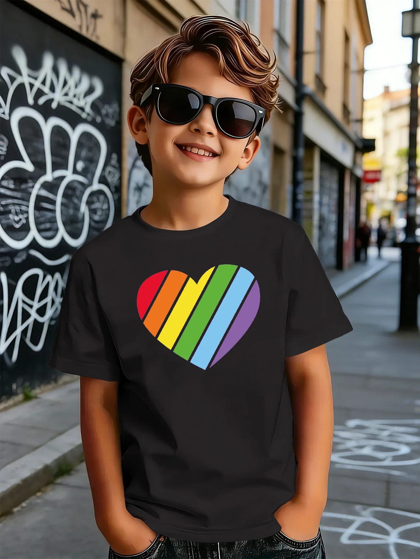 Bright Rainbow Striped Heart Love Print Boys Girls Family Matching Cotton Short Sleeve Crew Neck Soft Summer Kids Casual Tees
