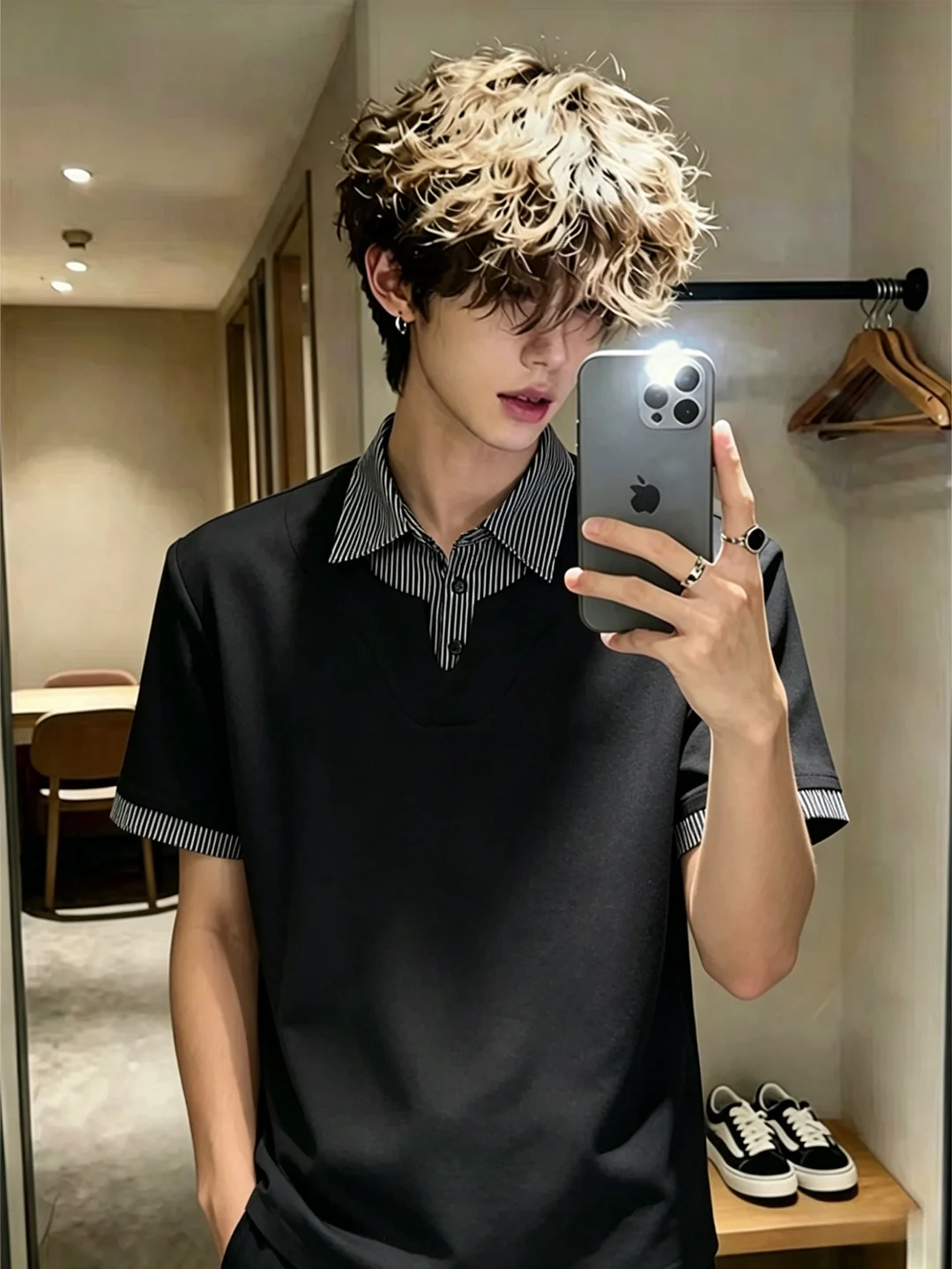 Shoulder Pad Fake Two-Piece Short Sleeve Men's Summer High-End Feeling Handsome Shirt Collar Handsome Hair Stylist T-Shirt