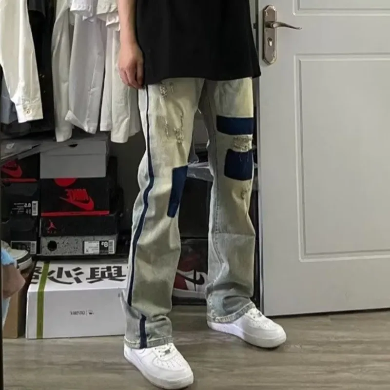 

Men's Casual Straight Leg Jeans Distred Patchwork Floor-Length Yellow Mud Color Trendy Jeans Youth ular mid Waist