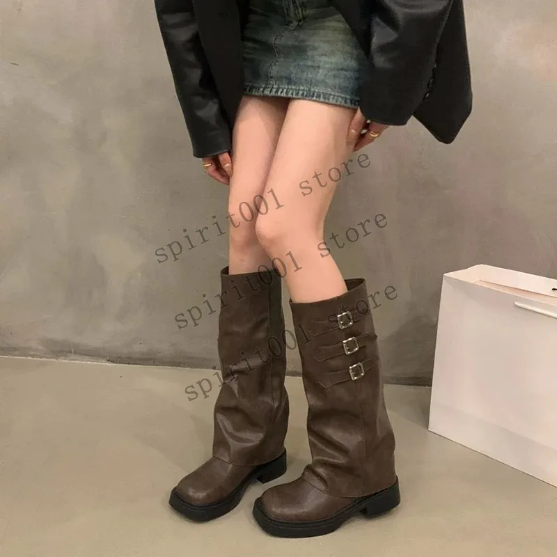Women Brown Retro Pile Mid Length Boots Fashionable Ladies Knight Shoes Western Cowboy Bootes Masquerade Party Cosplay Boot - view 4