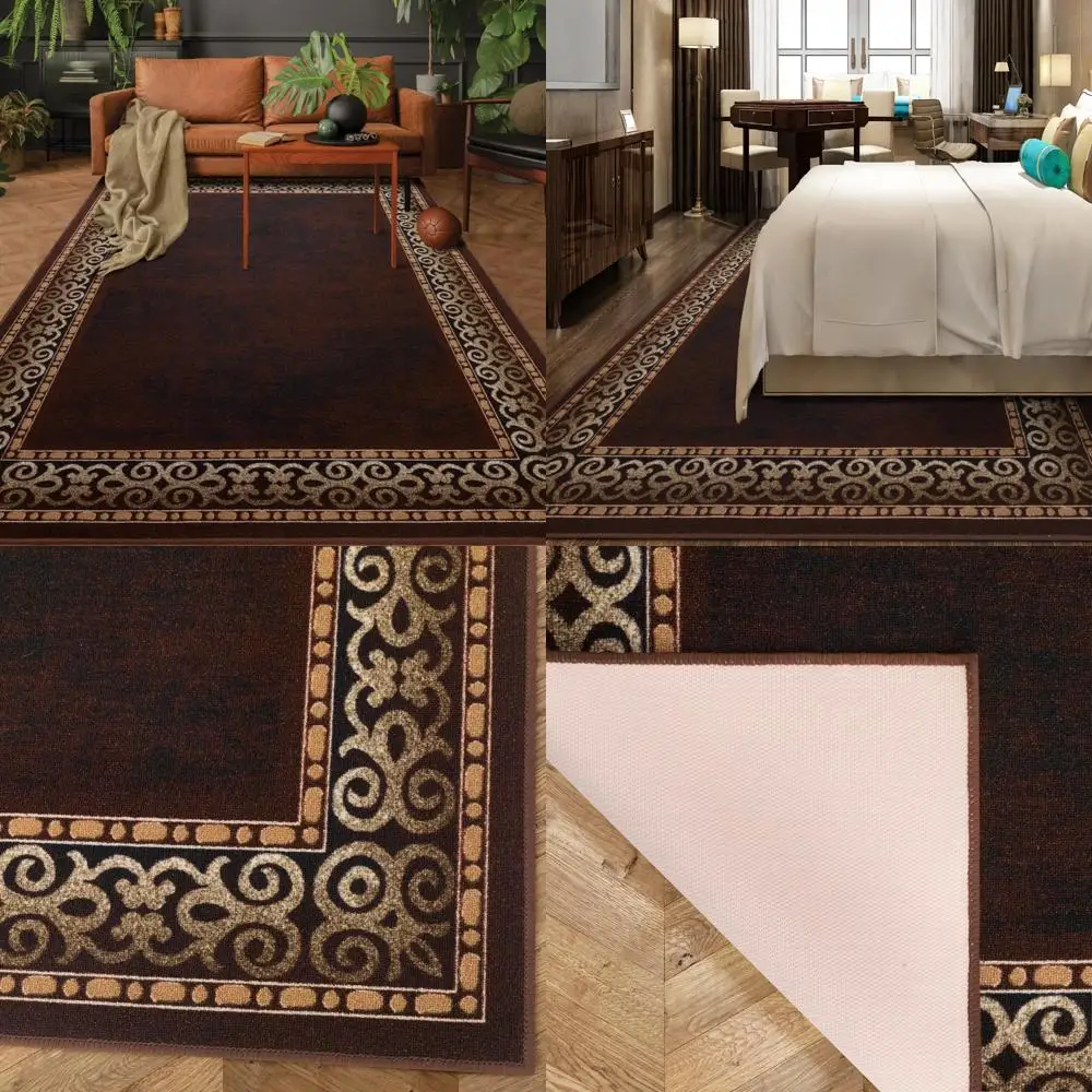 

Modern Bordered Antep Rugs with Non-Slip Rubber Backing, 8x10 Low Pile Indoor Area Rug, Brown, 7'10 x 10'