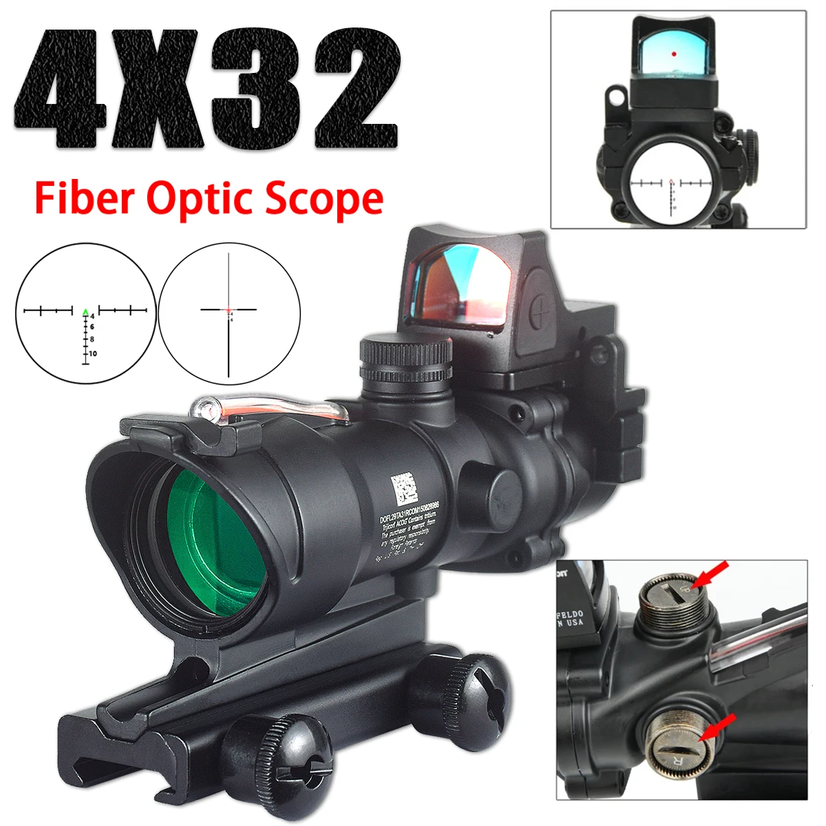 Trijicon ACOG 4X32 Real Fiber Optics Red/Green Dot Scope Illuminated Chevron Glass Etched Reticle With RMR Optical Hunting Sight