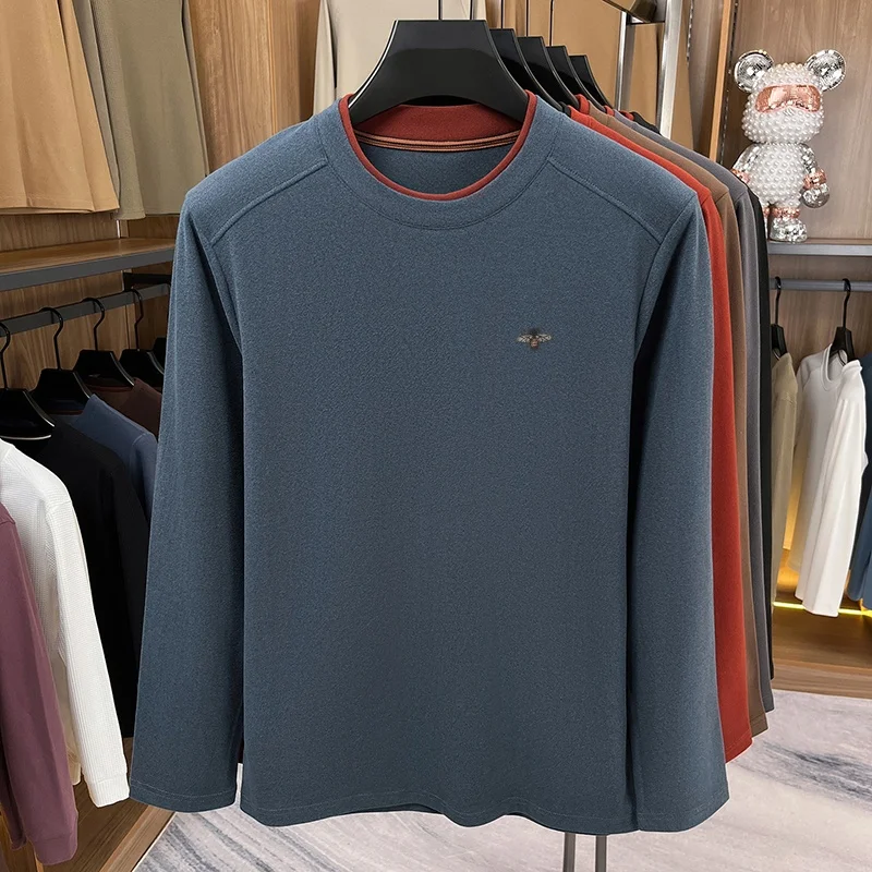 Autumn Winter Men's O-Neck Embroidery T-Shirt Solid Color Comfortable Long Sleeve Base Tops Skin Friendly Daily Wear Men's Wear view 6