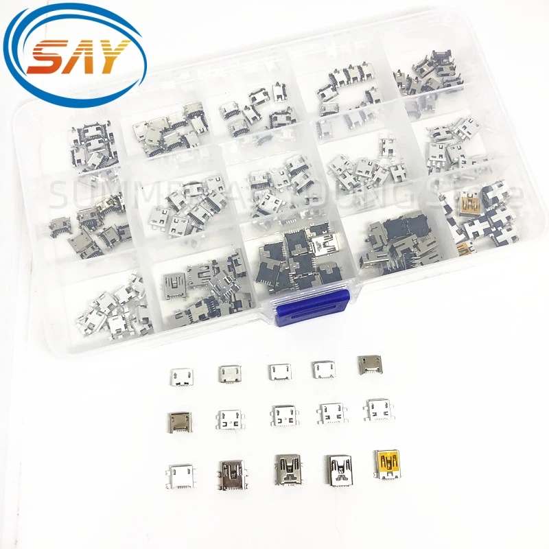 100% NEW 150PCS/Box 15Models  USB Charging Dock Connectors Mix 5Pin  Use for Phone and Digital Product Repair kit