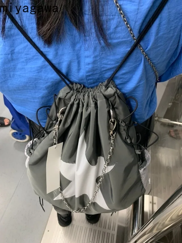 

Miyagawa Korean Fashionable Versatile Five Point Star Drawstring Casual Chain Backpack Women Men Harajuku Trave Backpacks