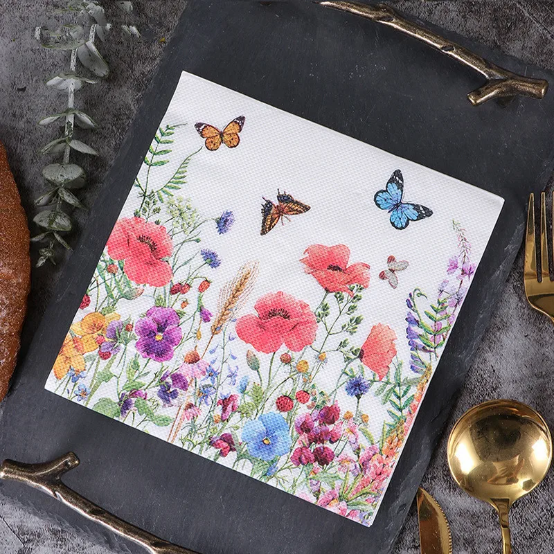 20Pcs/pack Rose Flower Butterfly Printed Paper Disposable Tableware Napkin Tissues Wedding Party Decoration