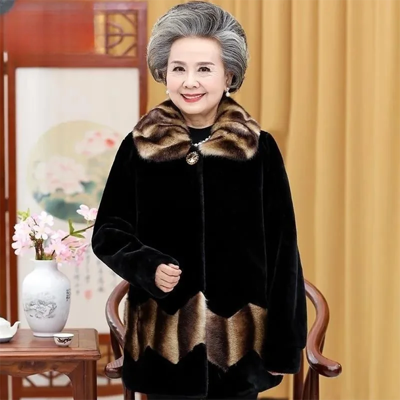 Winter Thick Warm Faux Fur Coat Grandma\'s Luxury High Quality Mink Fur Jacket Lapel Tops Large Size Loose Elderly Mother Parkas